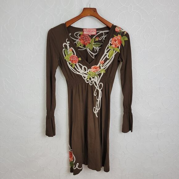 Johnny Was LA Dress Womens XS Brown Floral Embroidered Applique‎ Babydoll V-Neck - Picture 6 of 6